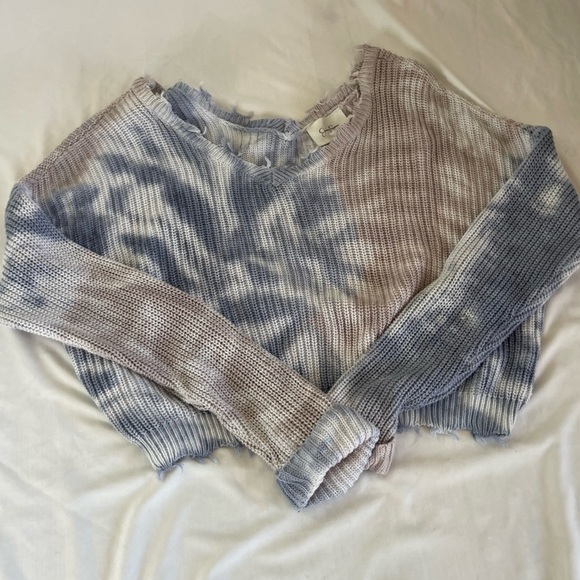 Jessica Simpson Women’s Sweater Tie Dye Waffle  Knit Crop Blue/brown/white Large - Picture 3 of 10